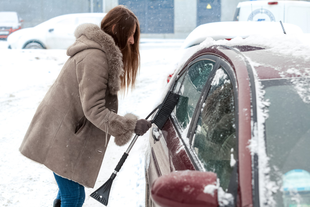 young woman with long hair cleaning car after blizzard