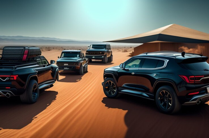Free AI Image A black jeep is parked in a desert with other cars
