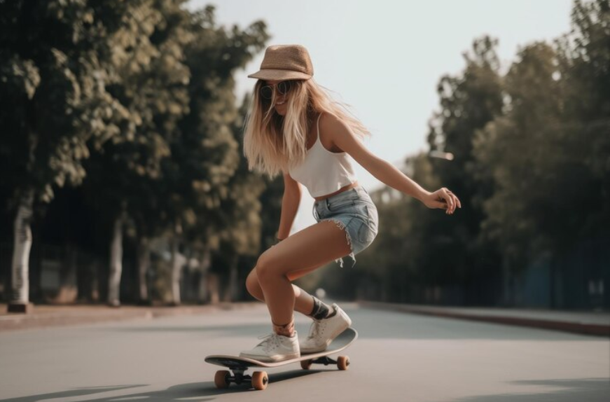 Premium AI Image A woman riding a skateboard down a street generative AI