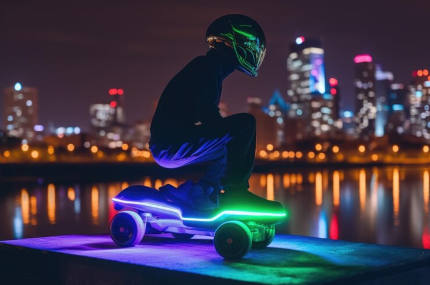 Premium AI Image Alien on hoverboard with the lights of the city in the background created with generative ai
