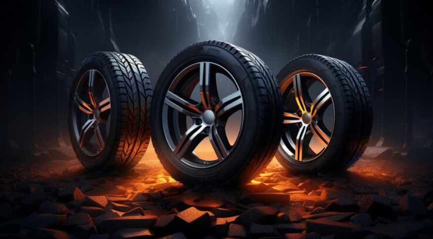 Premium AI Image Auto wheels on a dark background with chrome rims closeup 3d render