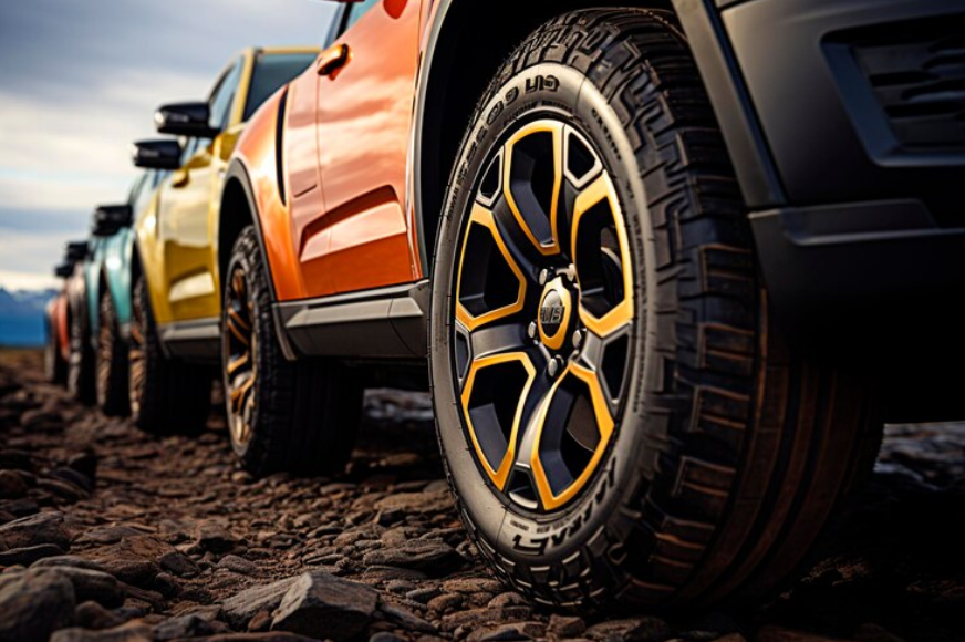 Premium AI Image Set of new car tires on a dark backgroundgenerative ai