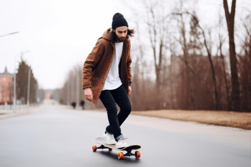 Premium AI Image Shot of a young man skating on his skateboard outdoors created with generative ai