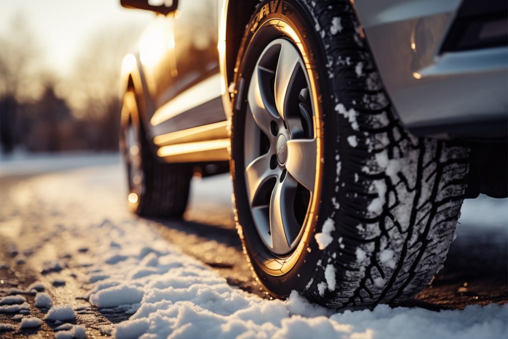 winter tire close up car wheel navigating snowy road